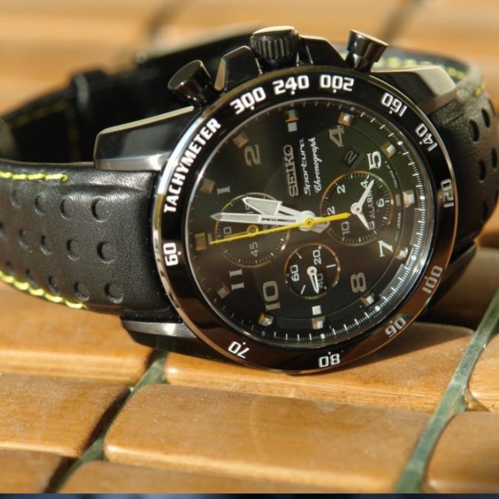 Seiko Sportura SNAE67P1 Chronograph Quartz Black Leather Analog Men's Watch